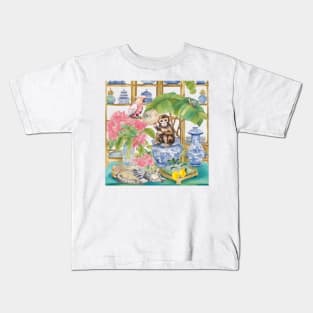Monkey, pink cockatoo parrot and tabby cat in chinoiserie interior Kids T-Shirt